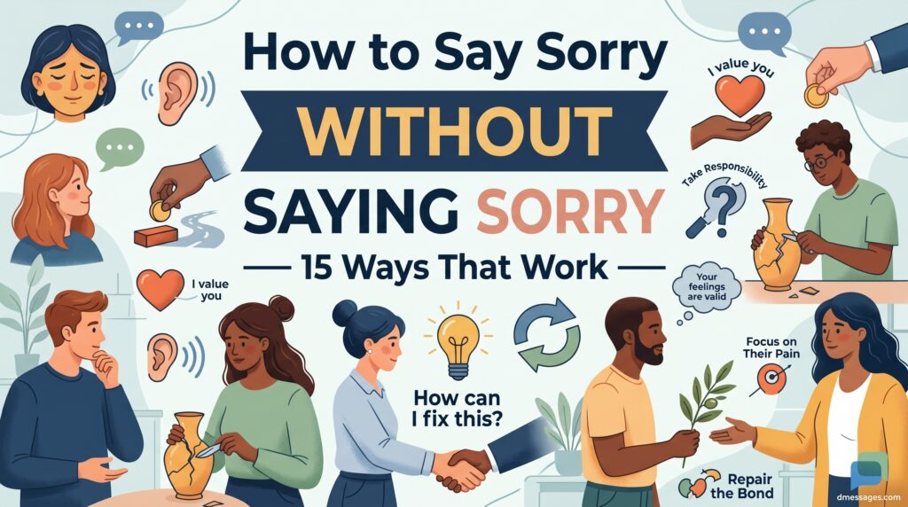Without Saying Sorry," featuring diverse people demonstrating empathy, active listening, and professional communication skills.