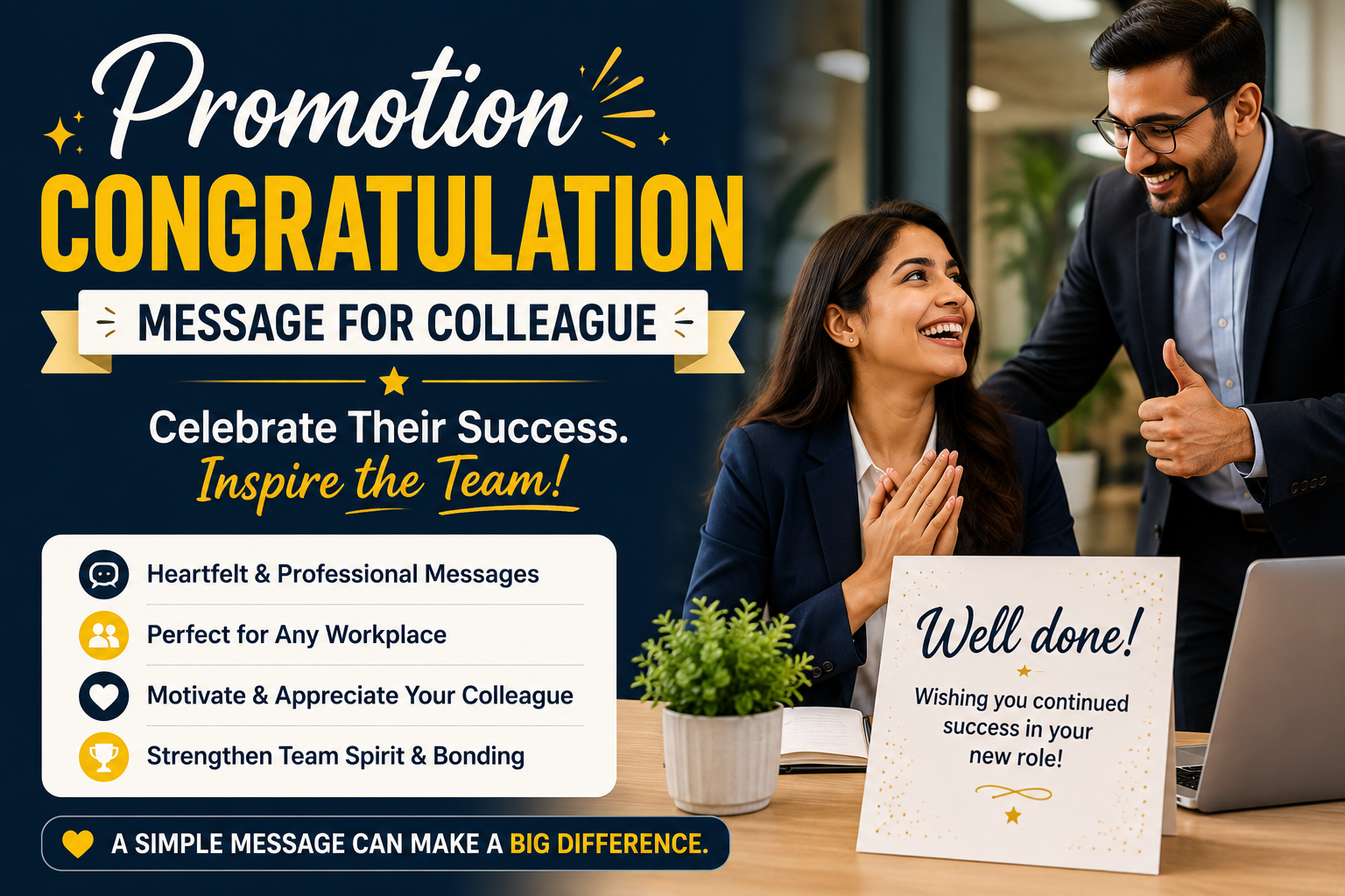 Promotion congratulation message for a colleague — heartfelt workplace congratulation notes